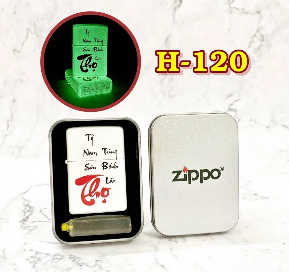 Bật lửa Zippo khắc chữ Thọ thư pháp dạ quang H-120 — ảnh sản phẩm 1