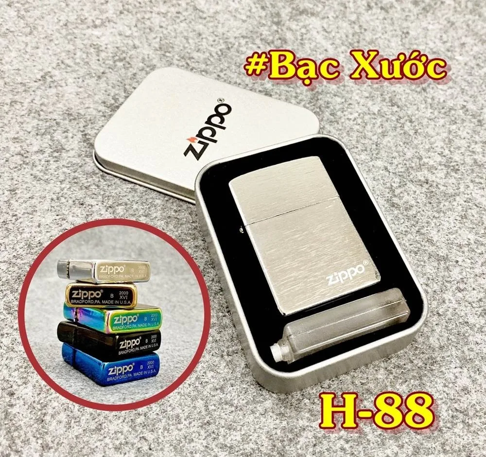 Bật lửa Zippo trơn bóng bạc xước, hộp thiếc kèm xăng H-88 — ảnh sản phẩm 1