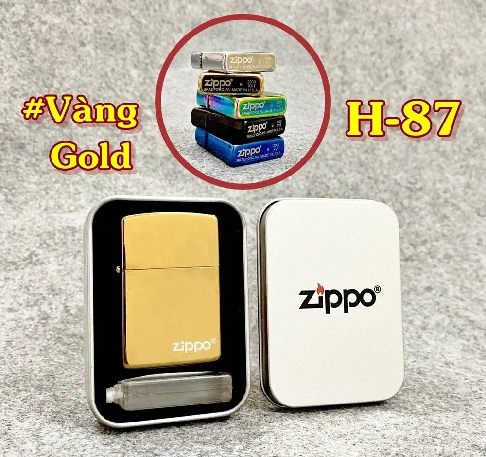 Bật lửa Zippo trơn bóng vàng Gold, hộp thiếc kèm xăng H-87 — ảnh sản phẩm 1