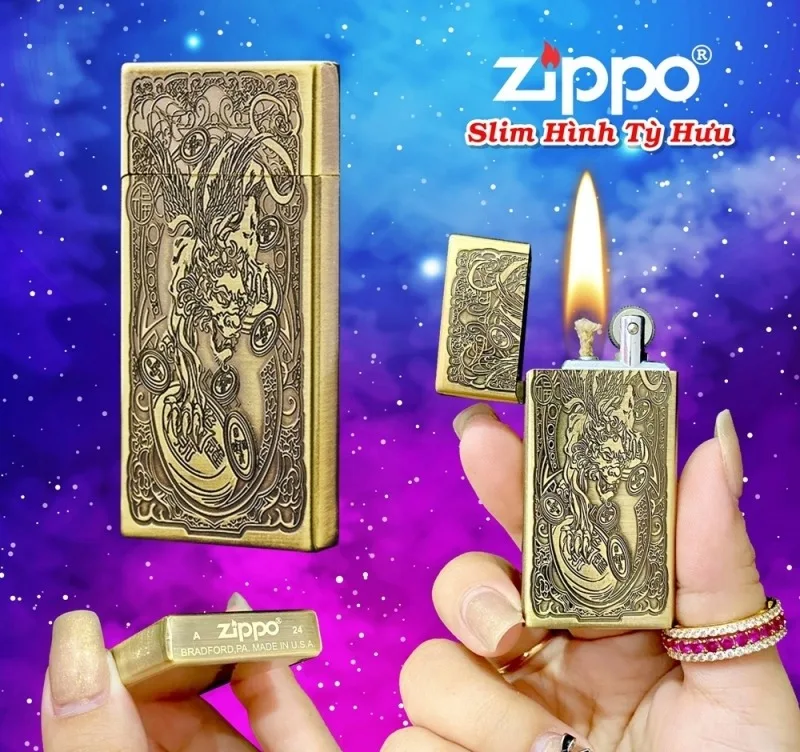 Bật lửa Zippo dáng Slim khắc hình Tỳ Hưu giữ tiền (dùng xăng) — ảnh sản phẩm 1