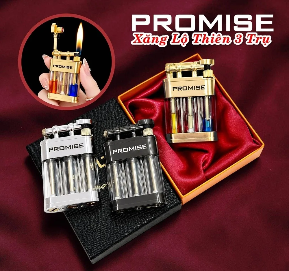 Bật lửa Promise xăng lộ thiên 3 trụ, có hộp — ảnh sản phẩm 1