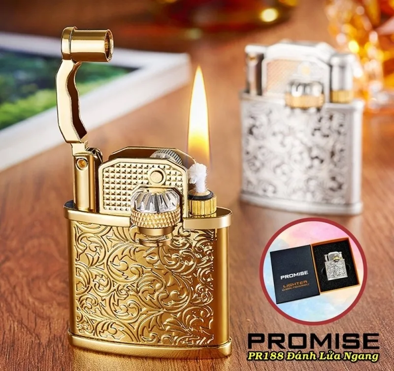 Bật lửa xăng đá Promise PR188 đánh lửa ngang, hoa văn, fullbox — ảnh sản phẩm 1