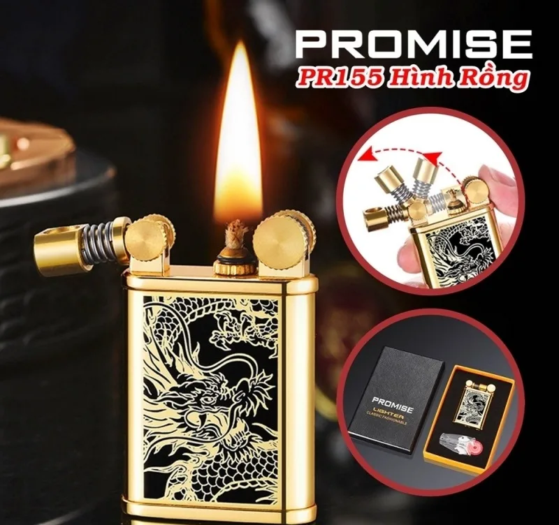 Bật lửa xăng đá Promise PR155 hình rồng, fullbox — ảnh sản phẩm 1